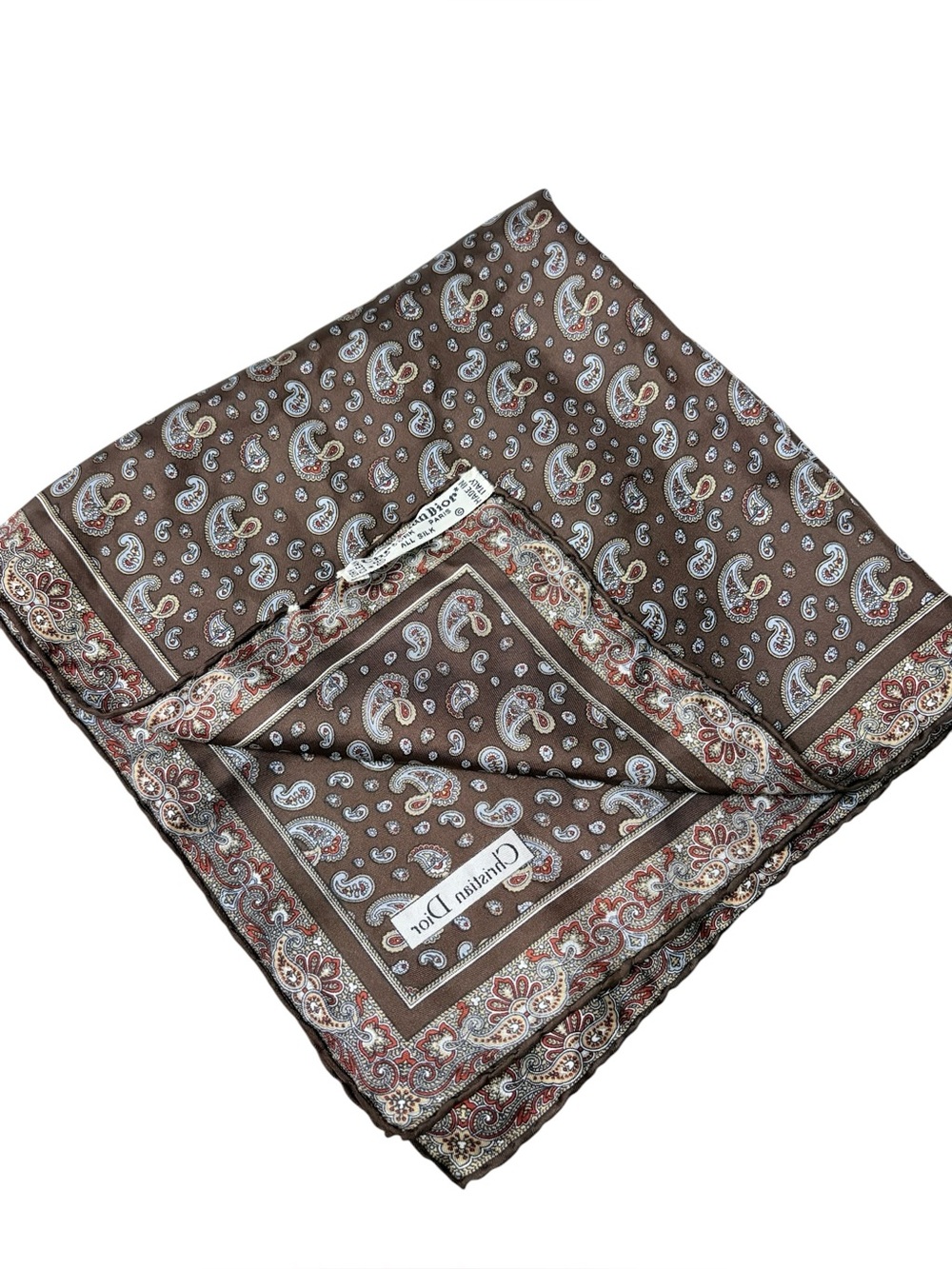 VTG Dior Christian Dior Brown Paisley Pure Silk Small Square Pocket Scarf 17x17 - Picture 5 of 6